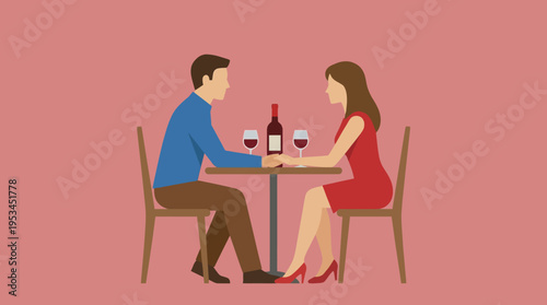 A man and a woman on a romantic date, holding hands across a table with wine glasses and a bottle, against a pink background.
