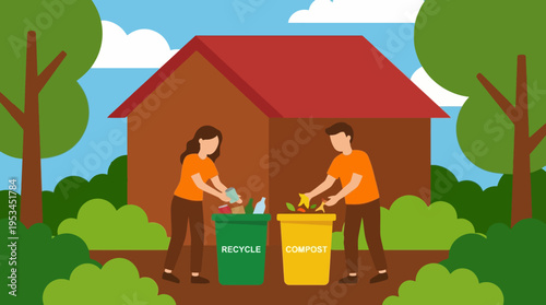A man and a woman actively sorting household waste into separate recycling and compost bins outside their home, promoting environmental responsibility and sustainable living practices.