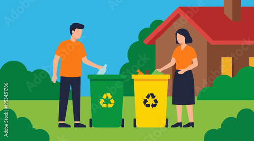 A man and a woman responsibly sorting and recycling waste into separate bins outside their home, promoting environmental care.