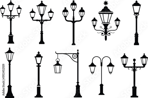 Black and white of various types of traditional and modern lamps and chandeliers pendant light wall lamp