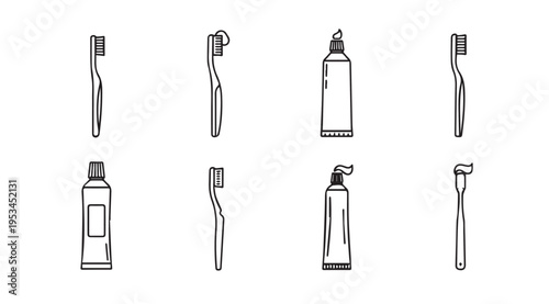 Toothbrush and Toothpaste Icons SetOral Hygiene Essentials Line Art Style