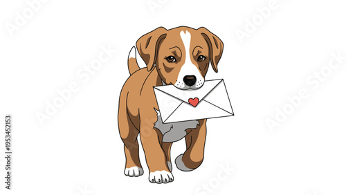 Sweet brown puppy dog walking while carrying a white envelope with a red heart seal as a romantic love letter on white background.