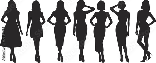 Elegant women silhouettes collection, fashionable female poses, stylish lady figures, beauty fashion models, modern feminine outline set, flat vector illustration