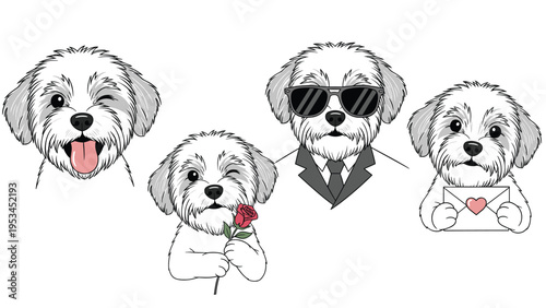 Collection of four adorable white fluffy dog illustrations featuring different accessories like sunglasses, a rose, and a love letter.