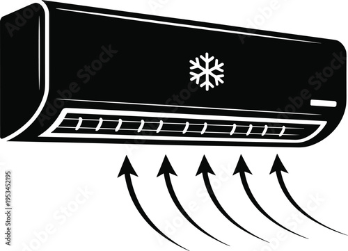 Stylized illustration of wall‑mounted air conditioner unit with snowflake cooling symbol, downward airflow arrows, modern indoor climate control and cooling technology concept artwork