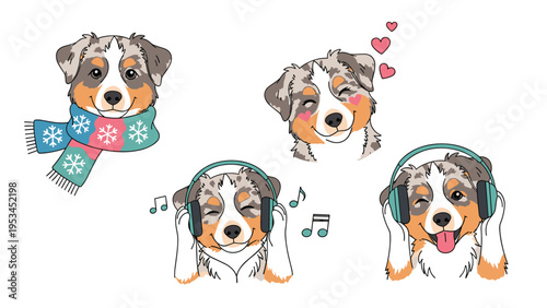 Set of four cute australian shepherd puppy dog illustrations wearing a winter scarf, hearts, and listening to music on headphones.