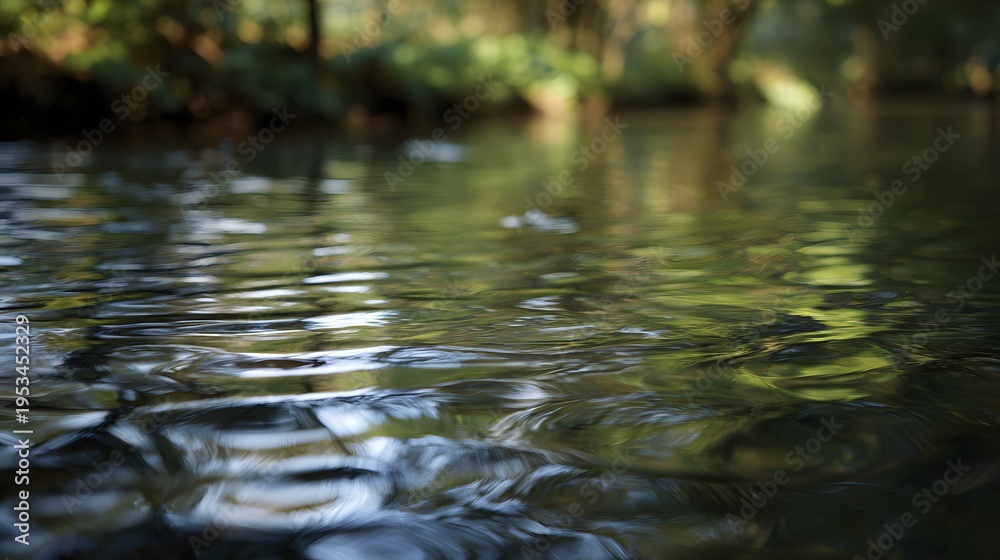 Fototapeta premium Serene river reflects lush foliage bathed in soft morning light a tranquil nature scene