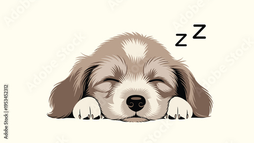 Peaceful illustration of a fluffy brown and tan puppy dog sleeping soundly with eyes closed and z symbols indicating deep rest.