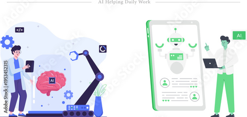 AI Helping Daily Work Flat Vector Neural Interface Mobile AI Assistant Illustration