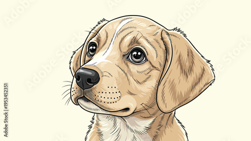 Realistic and detailed portrait illustration of a cute puppy face with soulful eyes and soft tan fur on a light yellow background.