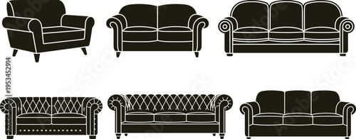 Black silhouette illustrations of upholstered sofas and armchairs in modern and classic styles, highlighting diverse furniture designs for interior decor, home living, and design concepts