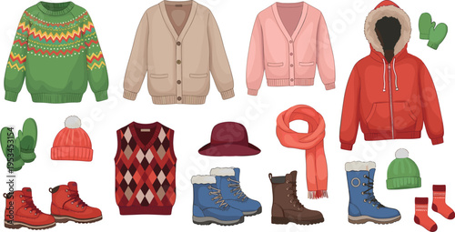 Winter fashion clothing collection with sweaters cardigans hoodie boots hats gloves and cozy seasonal outfits vector illustration set