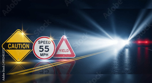 Caution road signs with speed limit and yield warning at night with headlights shining on wet asphalt road