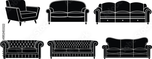Black silhouette illustrations of upholstered sofas and armchairs in modern and classic styles, showcasing diverse furniture designs for interior decor, home living, and design concepts