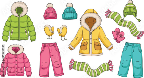 Winter kids clothing collection with jackets pants hats mittens scarves and warm outfits colorful cartoon vector illustration set