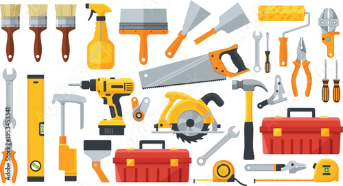 Construction tools collection with hammer drill saw and toolbox, professional equipment set for repair and building vector illustration