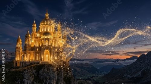 Magical Golden Castle on Mountain Peak with Sparkling Light Trails at Twilight in a Serene Landscape