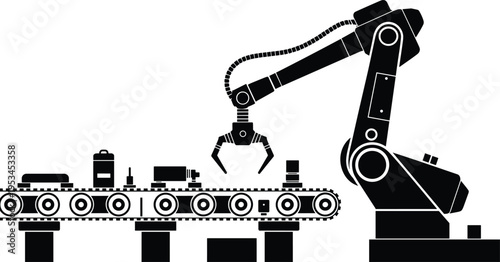 Black silhouette of industrial robotic arm operating over conveyor belt, illustrating automation, manufacturing technology, and modern factory assembly line processes for industry, engineering
