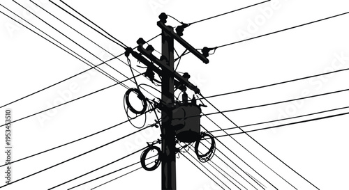 Electric utility pole silhouette, power lines network, electricity distribution, transformer equipment, urban infrastructure, energy supply system, black isolated vector illustration
