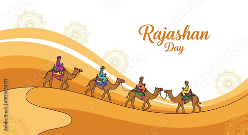 Illustration of people riding camels on a desert dune with Rajasthan Day text in orange, celebrating Indian cultural heritage and traditional Rajasthani folk culture.