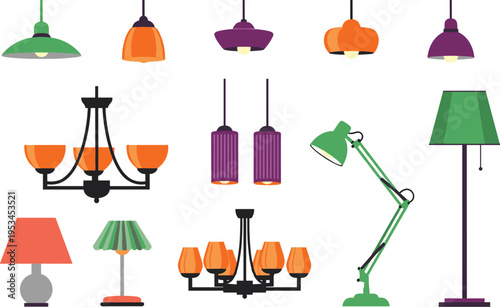 Lighting fixtures collection with pendant lamps chandeliers table lamps and floor lamps modern home interior vector illustration set