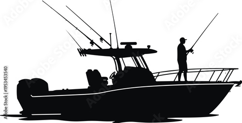 Fishing boat silhouette, angler on yacht, sport fishing scene, marine activity, ocean lifestyle, recreational fishing, black isolated vector style illustration