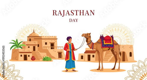 Illustration of a person in traditional Rajasthani attire leading a camel with colorful saddles, set against a backdrop of desert buildings and palm trees on Rajasthan Day.