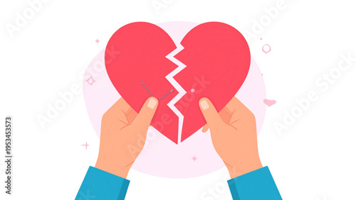 Love Repair Concept Hands Connecting Heart Pieces with Thread Vector