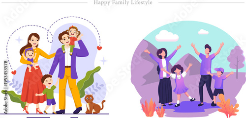 Happy Family Lifestyle Flat Vector Outdoor Joy Nurturing Love Illustration