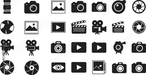 Photography and video icons set, camera symbols, media production elements, film equipment, multimedia interface, black isolated vector, creative design collection