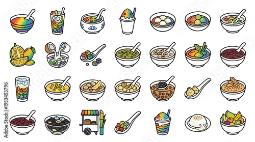 Asian Dessert Icon Set in Linear Style. A collection of Asian sweet treats linear icons, including durian, mango, shaved ice, mung beans, sticky rice, bowls, spoons, and more. Vector Illustration.