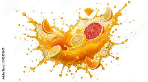 Citrus Power Shot
Fresh oranges, lemons, and grapefruits colliding with a bright orange smoothie splash, droplets frozen in motion, energetic composition, clean white background, commercial beverage