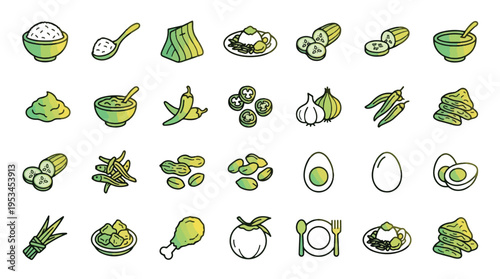 Nasi Lemak food set of icons in linear style. A collection of Malaysian cuisine linear icons, including coconut rice, sambal, anchovy, egg, cucumber, chicken, and more, stroke, breakfast, menu.