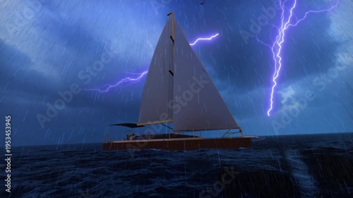 Sailing ships at sea amidst thunder, lightning, and torrential rain