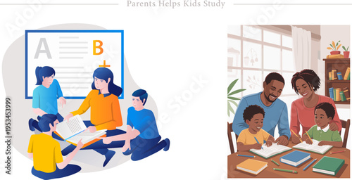 Parents Help Kids Study Flat Vector Homeschooling Homework Tutoring Illustration