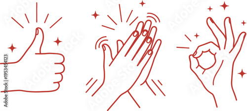 A series of hand gestures with thumbs up clapping and ok sign in a celebratory and approving context