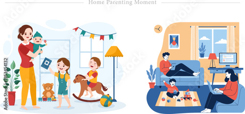 Home Parenting Moment Flat Vector Family Life Childcare Multitasking Illustration