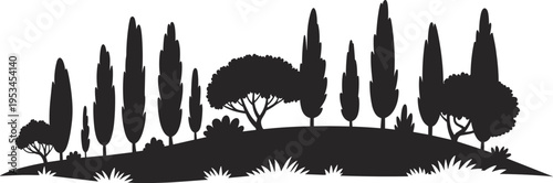 Black Silhouette Vector of Mediterranean Landscape with Cypress Trees and Olive Groves on Grassy Hill for Tuscany Travel Banner Italian Vineyard and Nature Design