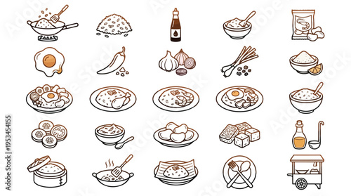Nasi Goreng Indonesian fried rice icons in line style. A collection of Nasi Goreng linear icons, including wok, spatula, chili, garlic, shrimp, egg, and more. Editable stroke, nasi, goreng, rice.