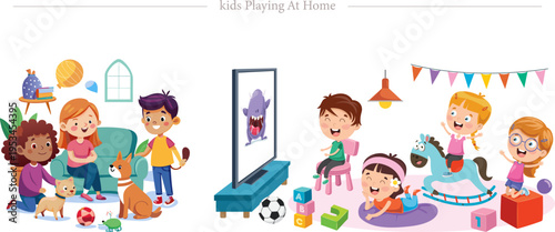 Kids Playing At Home Flat Vector Indoor Childhood Activities Family Pet Play Illustration