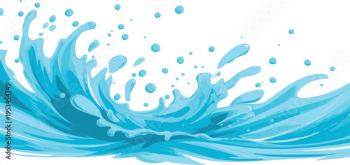 Energetic blue water splash with flying droplets and ripples on a clean white background, representing dynamic liquid motion