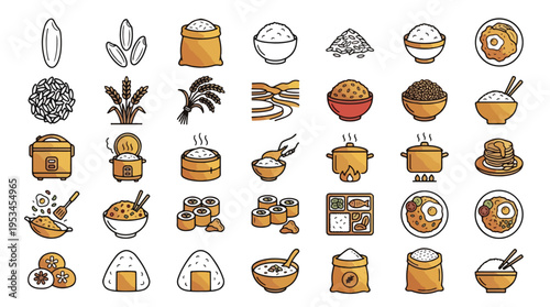 Rice and Grain Icon Set in Linear Style. A collection of rice food linear icons, including grain, bowl, sushi, cooker, onigiri, bento, paddy, agriculture, meal, crop, sack, and more. Editable stroke.
