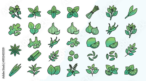 Herbs and Spices Icon Set in Linear Gradient Style. A collection of culinary linear icons, including ginger, garlic, chili, lime, cinnamon, basil, coriander, turmeric, lemongrass, and more. Vector.