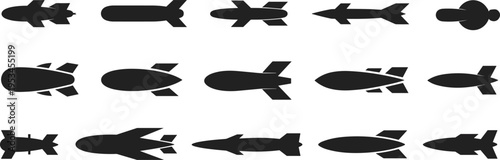 Collection of fifteen bomb silhouettes in various shapes and designs, military ordnance illustration for identification, comparison, defense technology, and educational reference artwork