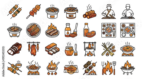 Barbecue and Grilling Icon Set in Linear Style. A collection of BBQ linear icons, including skewers, yakitori, yakiniku, grill, chef, meat, seafood, sauce, charcoal, stove, and more. Vector Art.