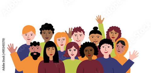 Diversity group of happy multicultural people waving hands together. Flat vector illustration on isolated background. Diverse community. Inclusion and friendship concept in cartoon style. Characters