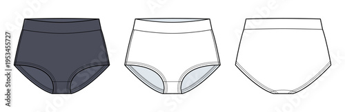 Dark grey High Cut Brief Technical Fashion Illustration. Women’s Minimal High Waist Underwear with Smooth Leg Opening Vector Template Front and Back Views CAD Mockup.