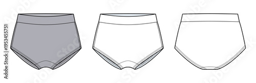 Light grey Contour Seam Brief Technical Fashion Illustration. Women’s High Waist Underwear with Shaped Front Panel and Curved Seam Detail Vector Template CAD Mockup.
