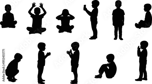 Kids silhouette set children sitting standing playing clapping phone poses boy child activity black vector illustration collection