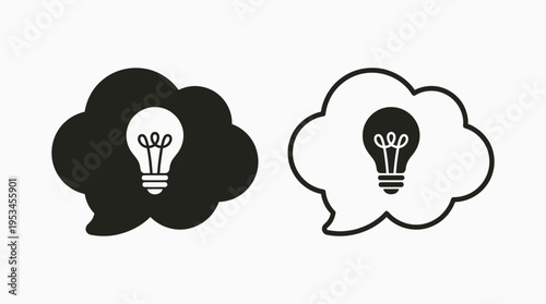 Minimalist speech bubble icons with light bulbs, symbolizing dialogue, brainstorming, innovation, communication, creative ideas, thought exchange.